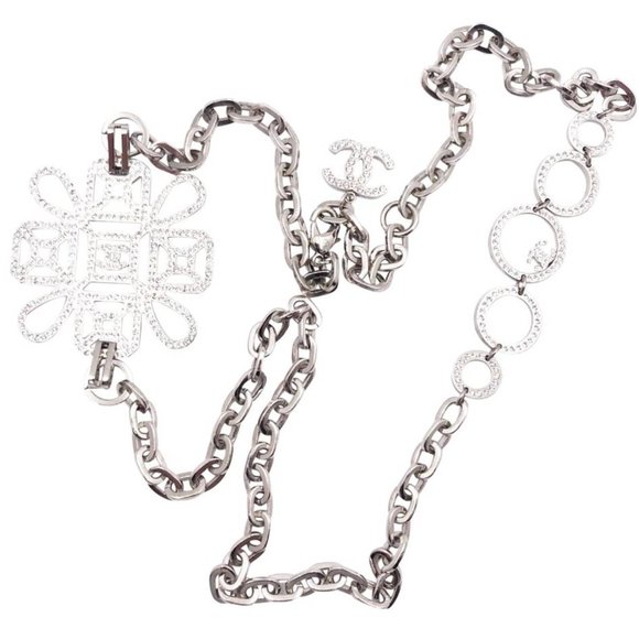Chanel Silver CC Pendant Ring Crystal Necklace - Picture 1 of 4